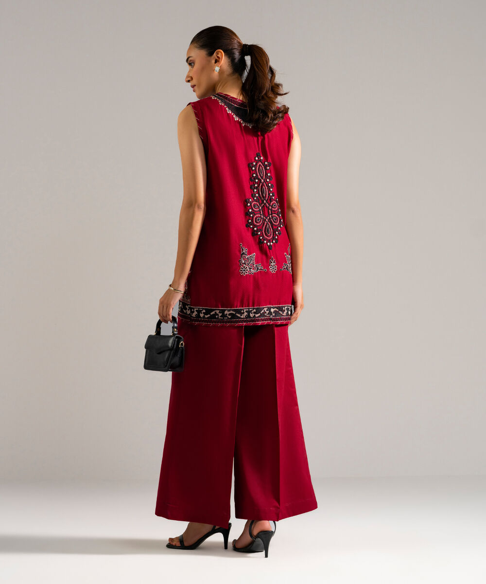 Women's RTW Dobby Embroidered Red 2 Piece Suit