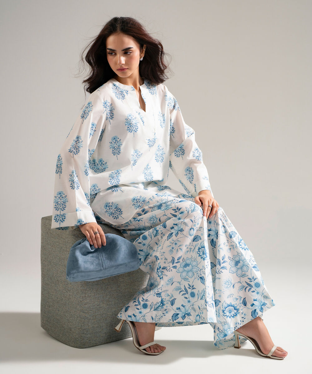 Women's RTW Slub Lawn Printed White Straight Shirt