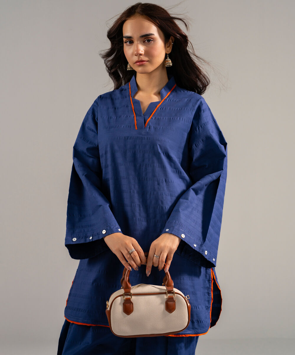 Women's RTW Seersucker Solid Blue 2 Piece Suit