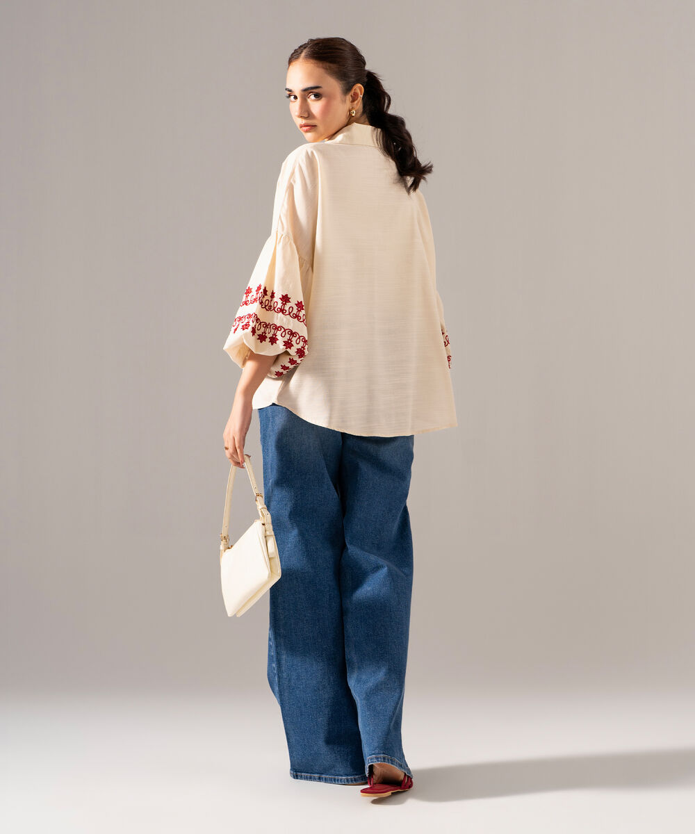 Women's RTW Khaddar Solid Embroidered Off White Straight Shirt