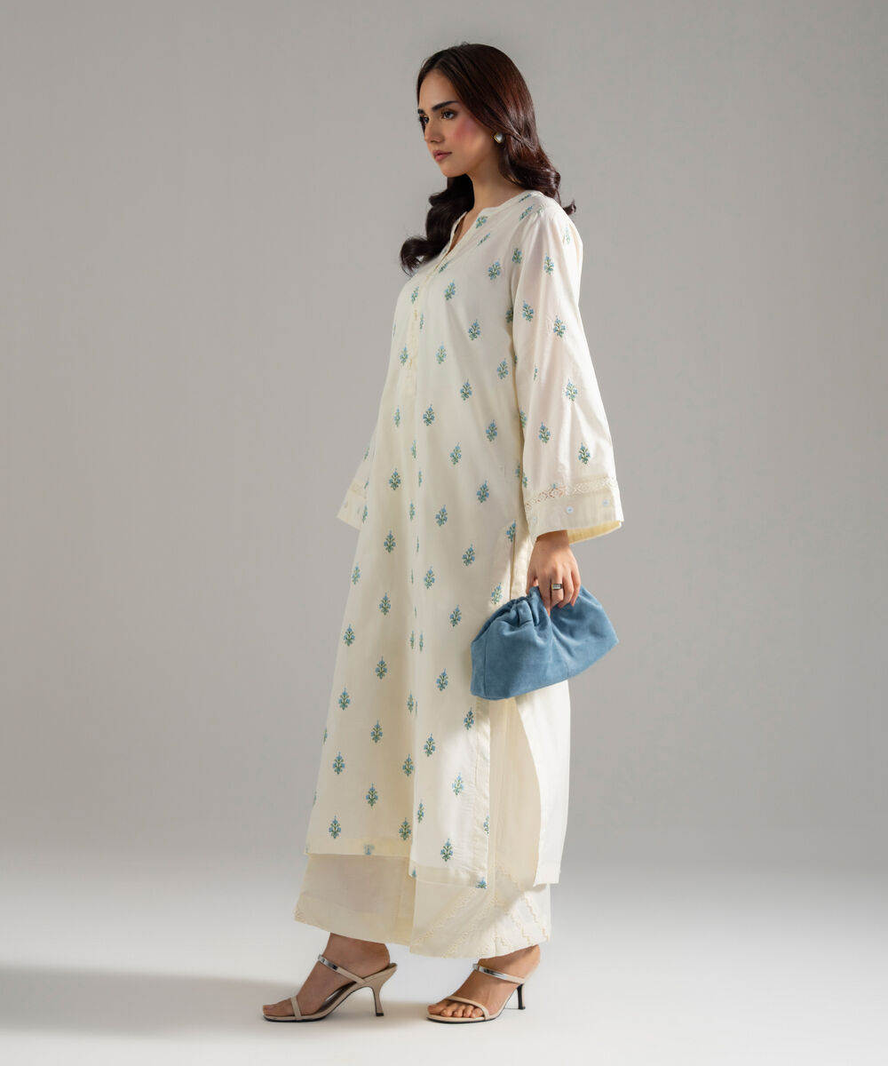 Women's RTW Solid Embroidered Lawn Off White A-Line Shirt
