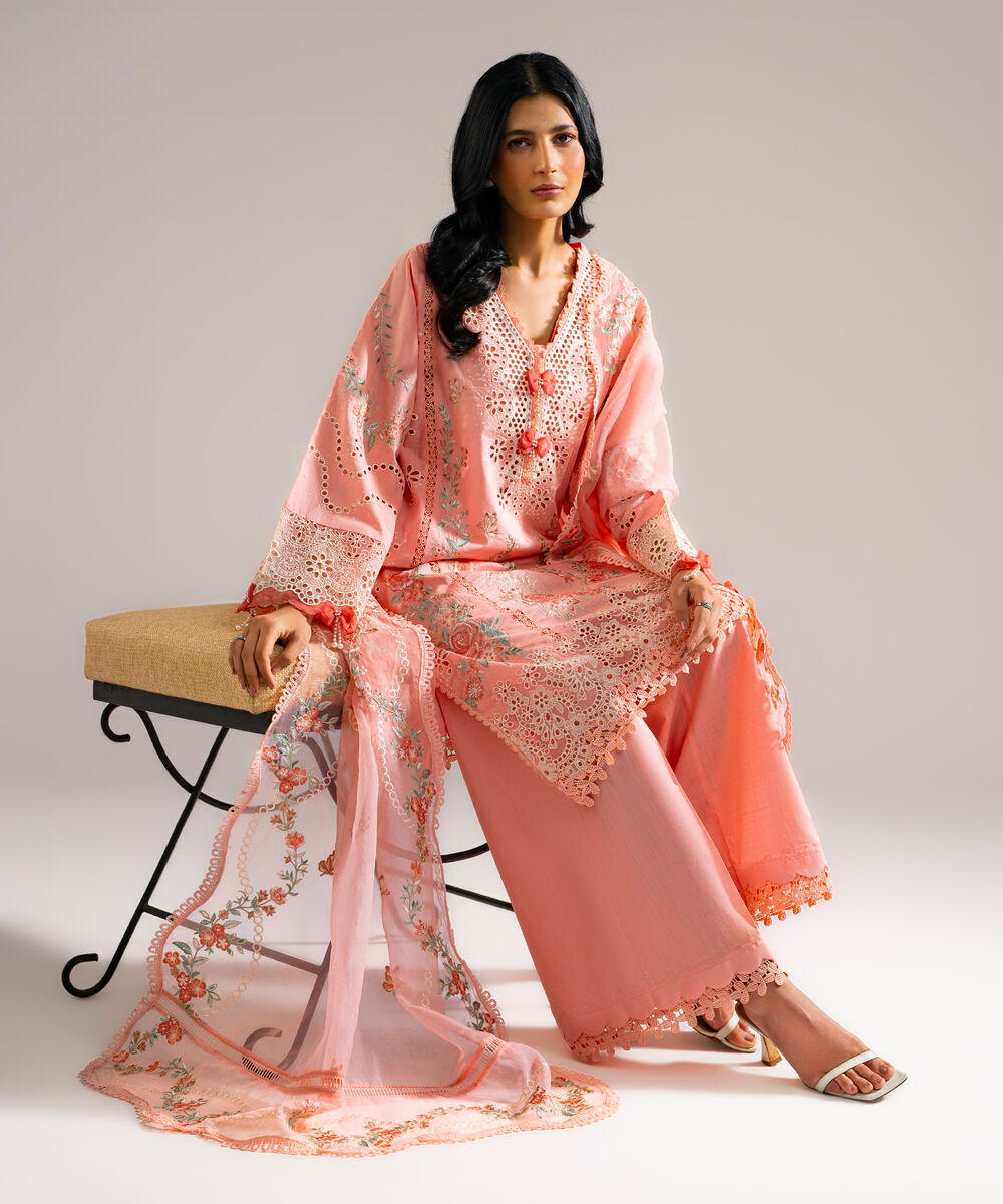 Women's RTW Crosshatch Embroidered Pink 3 Piece Suit