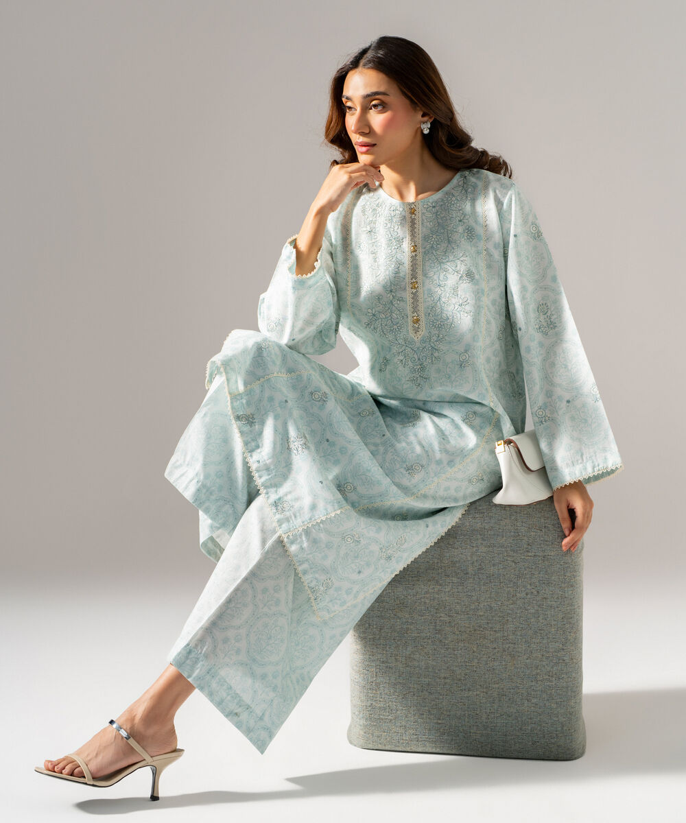 Women's RTW Fancy Khaddar Printed Embroidered Ice Blue 2 Piece Suit
