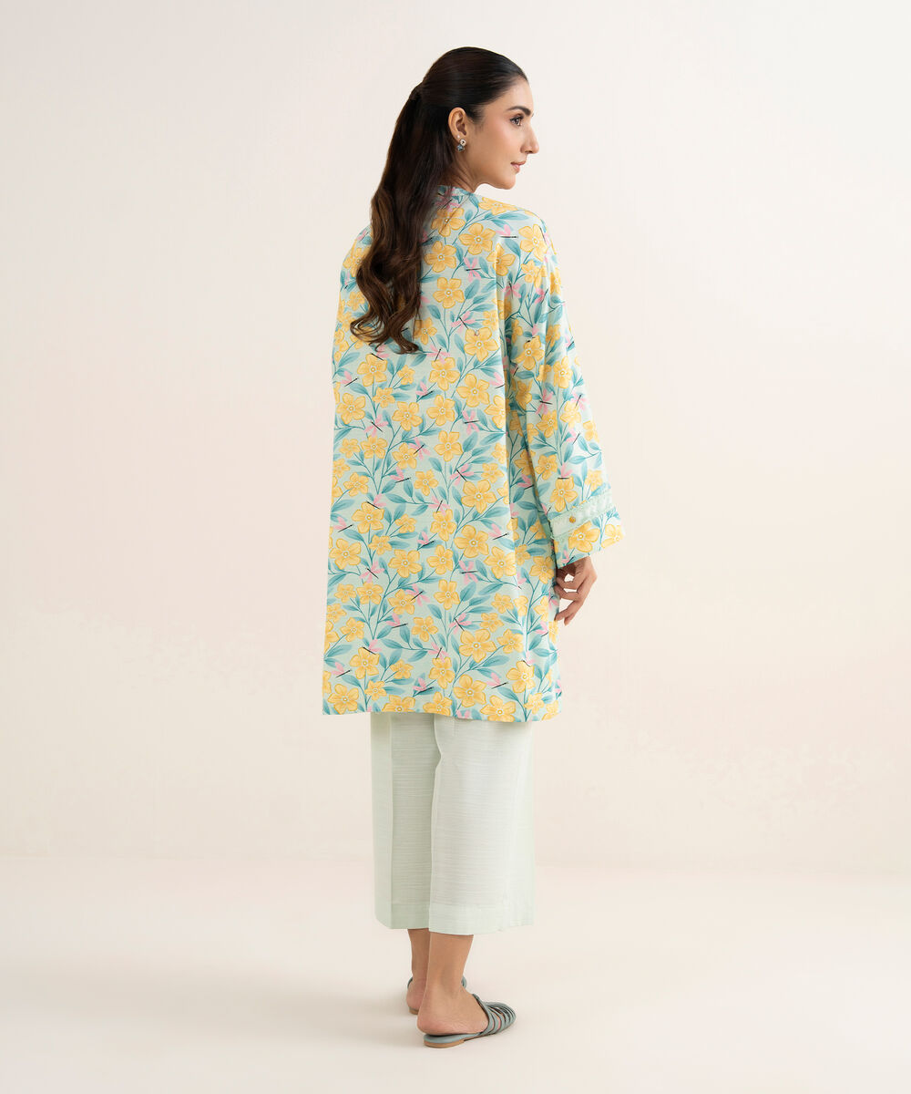 Women's RTW Herringbone Printed Blue Straight Shirt