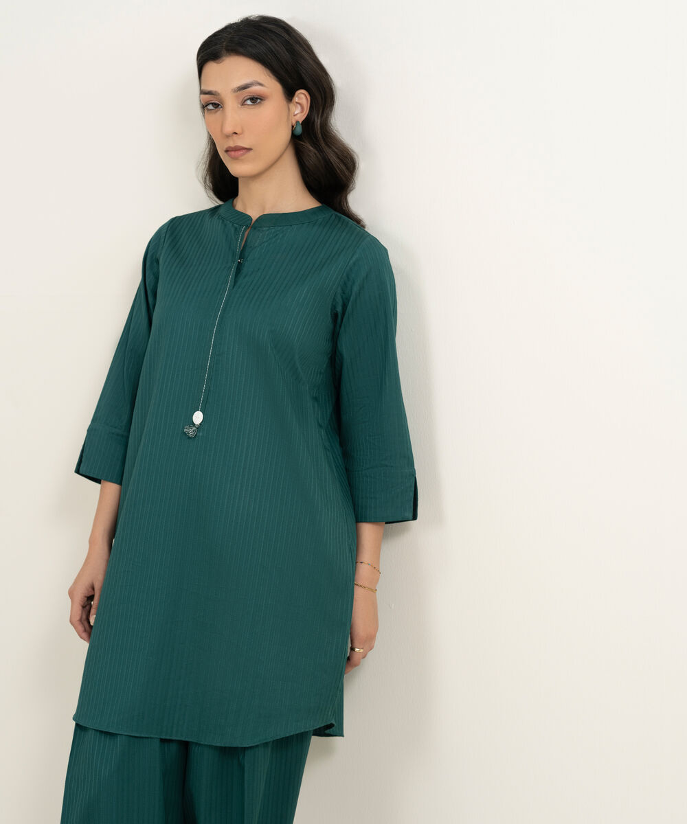 Women's RTW Dobby Solid Green Straight Shirt