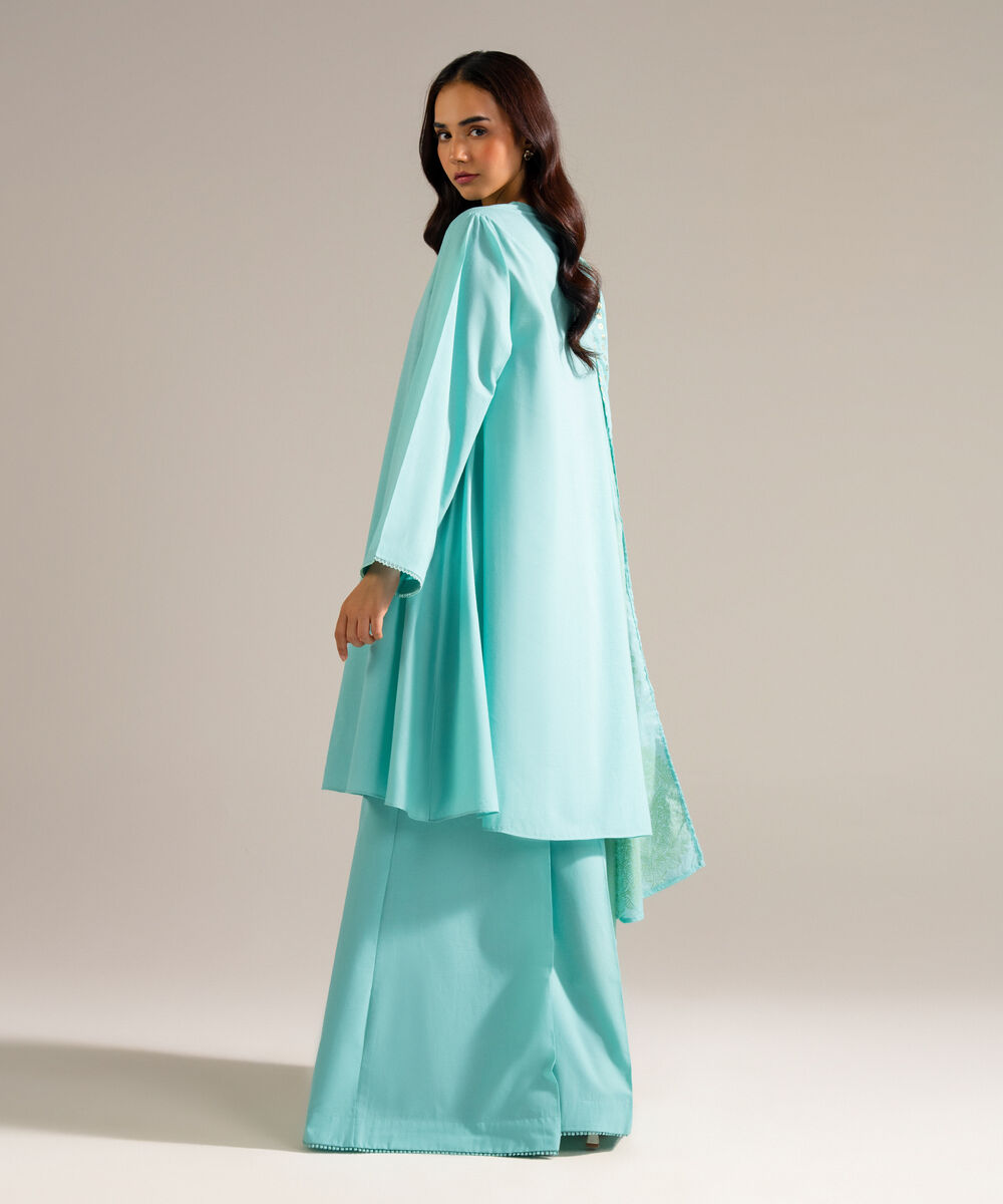 Women's RTW Slub Lawn Solid Blue 3 Piece Suit