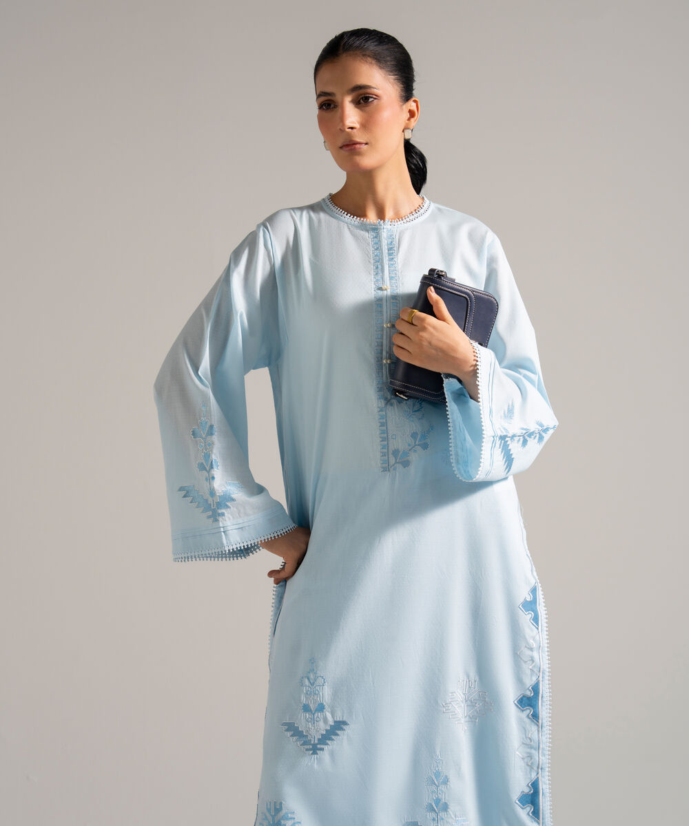 Women's RTW Dobby Embroidered Blue 2 Piece Suit