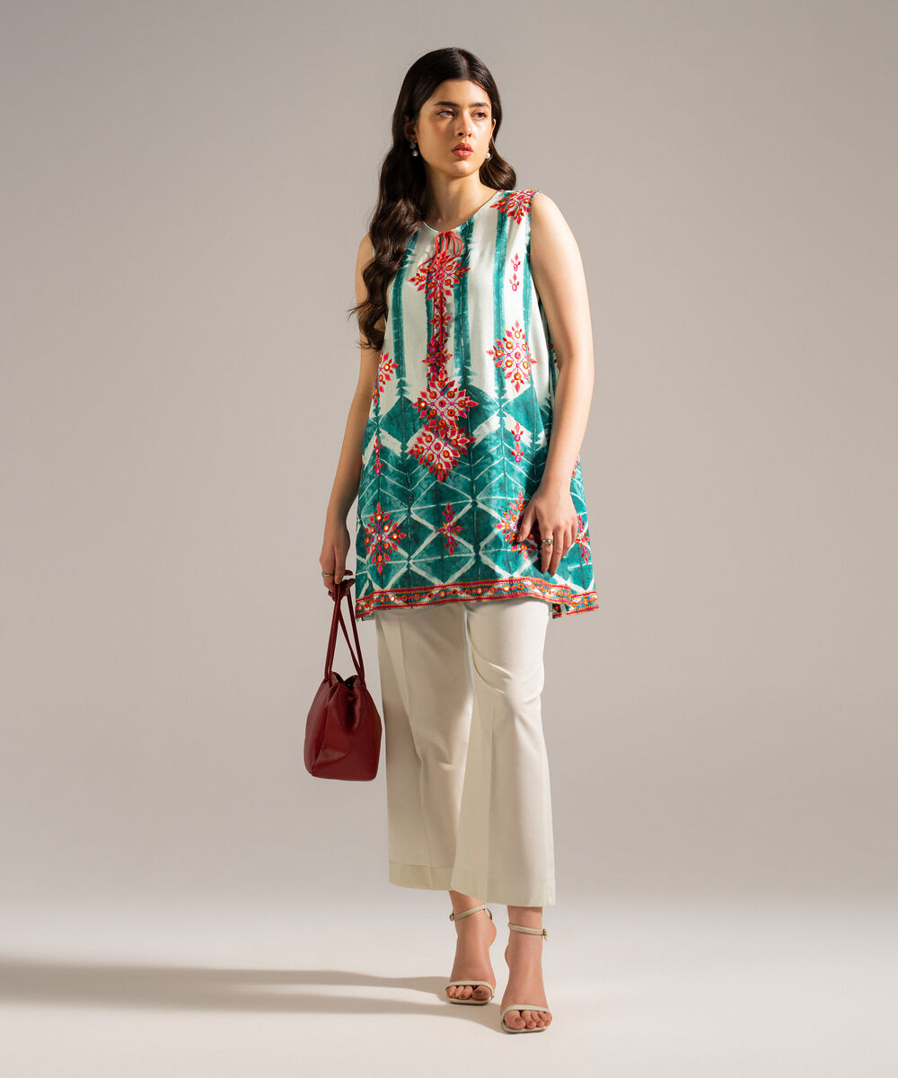 Women's RTW Dobby Embroidered Green Straight Shirt