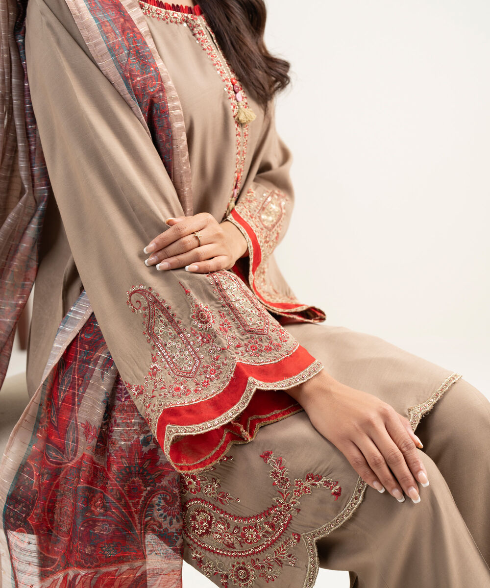 Women's RTW Viscose Raw Silk Embroidered Maroon 3 Piece Suit