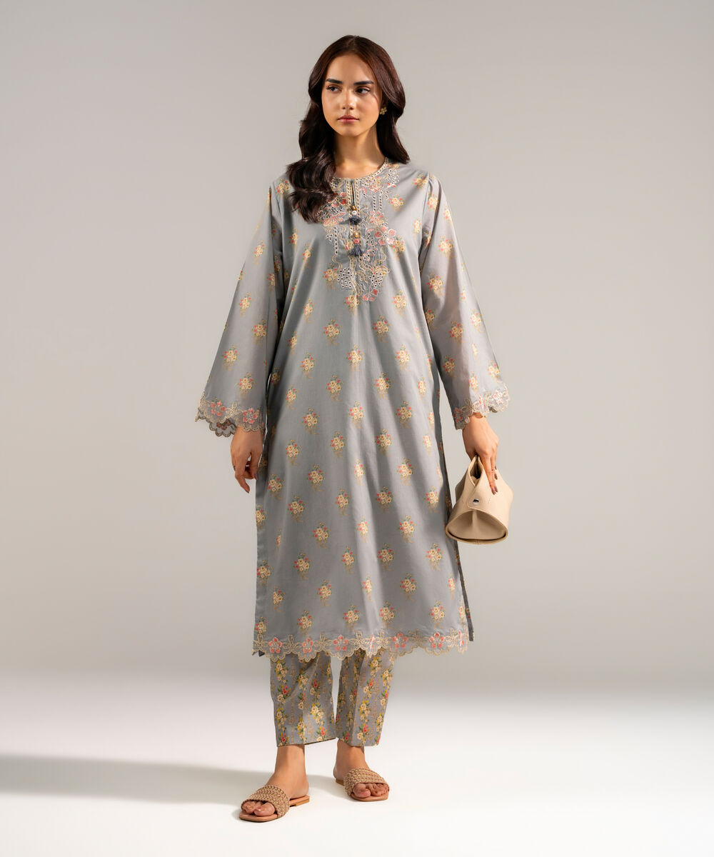 Women's RTW Lawn Embroidered Grey Straight Shirt