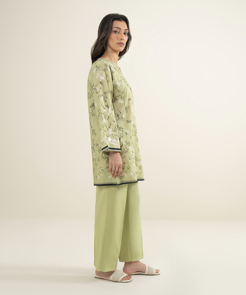 Women's RTW Cambric Solid Green Straight Pants