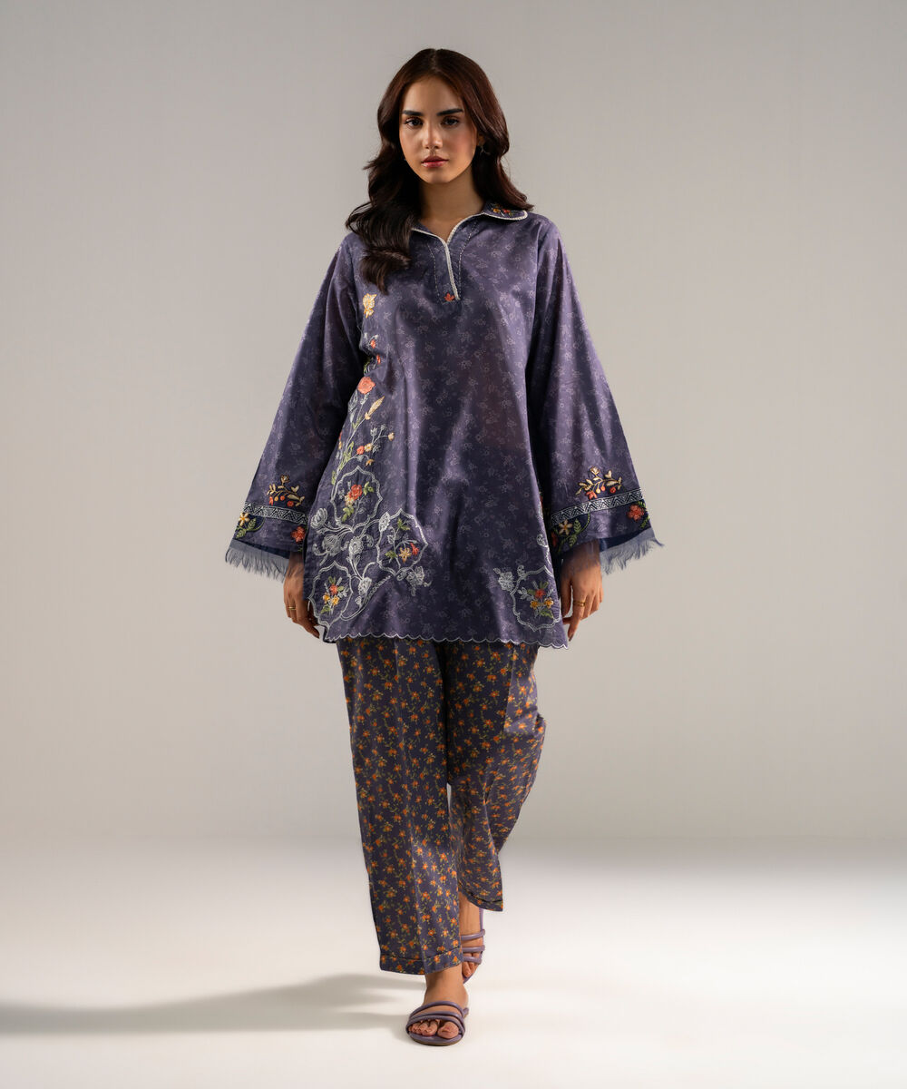 Women's RTW Lawn Embroidered Charcoal Grey Straight Shirt