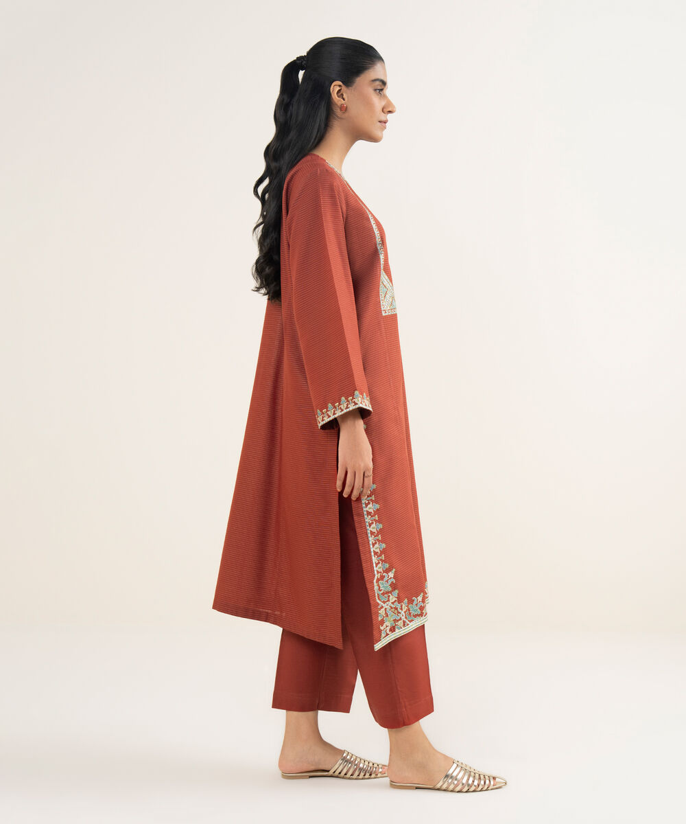 Women's RTW Light Khaddar Embroidered A-Line Rust Shirt