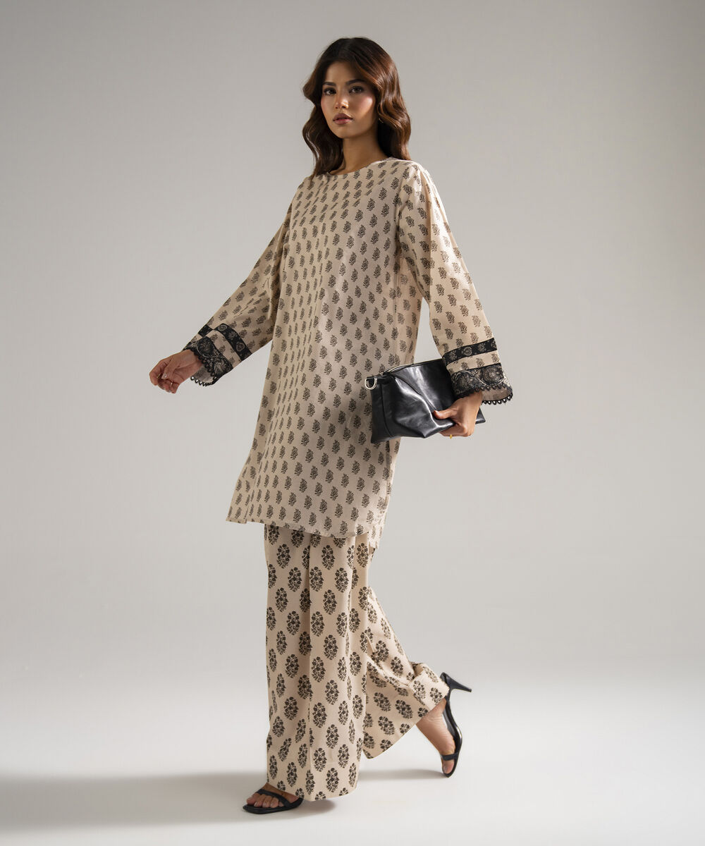 Women's RTW Lawn Printed Beige Straight Shirt