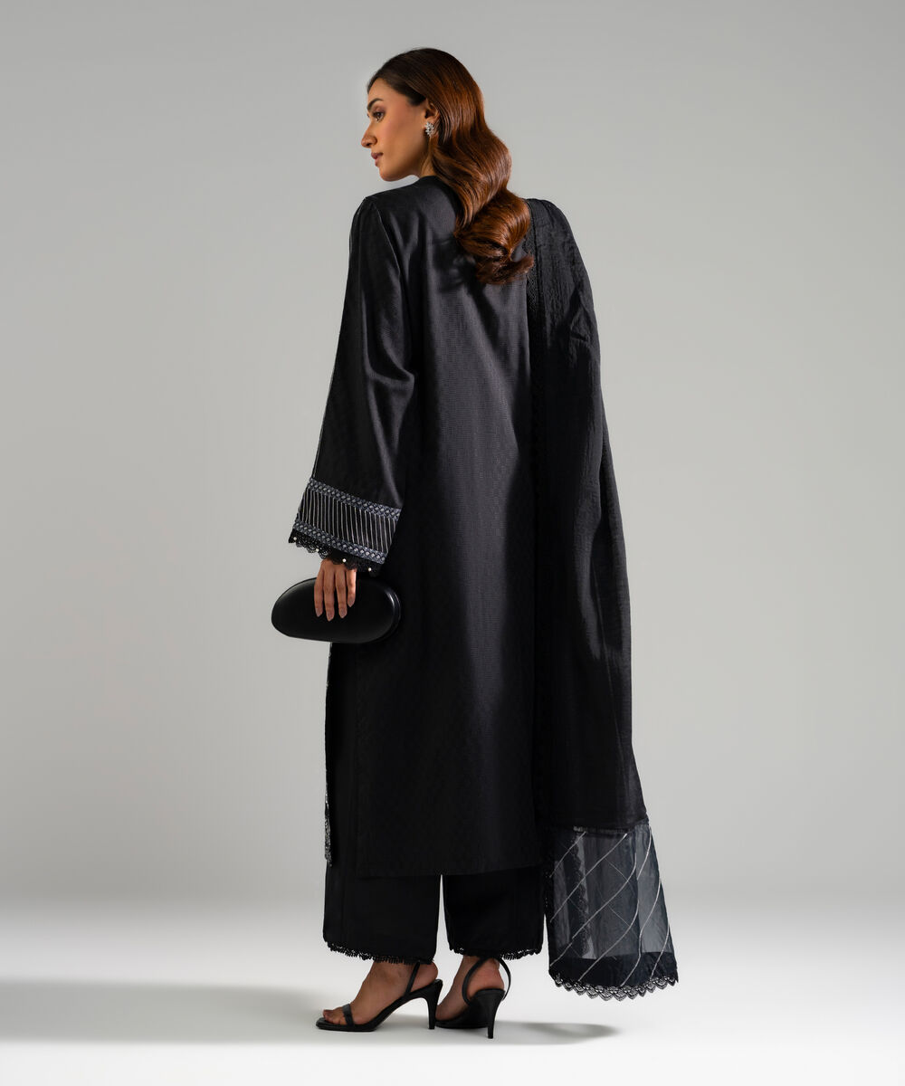 Women's RTW Textured Viscose Embroidered Black 3 Piece Suit