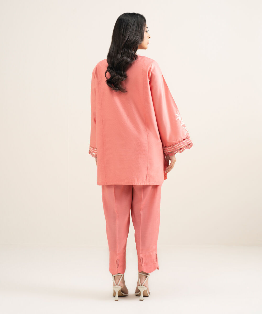 Women's RTW Silk Cotton Net Embroidered Pink 2 Piece Suit