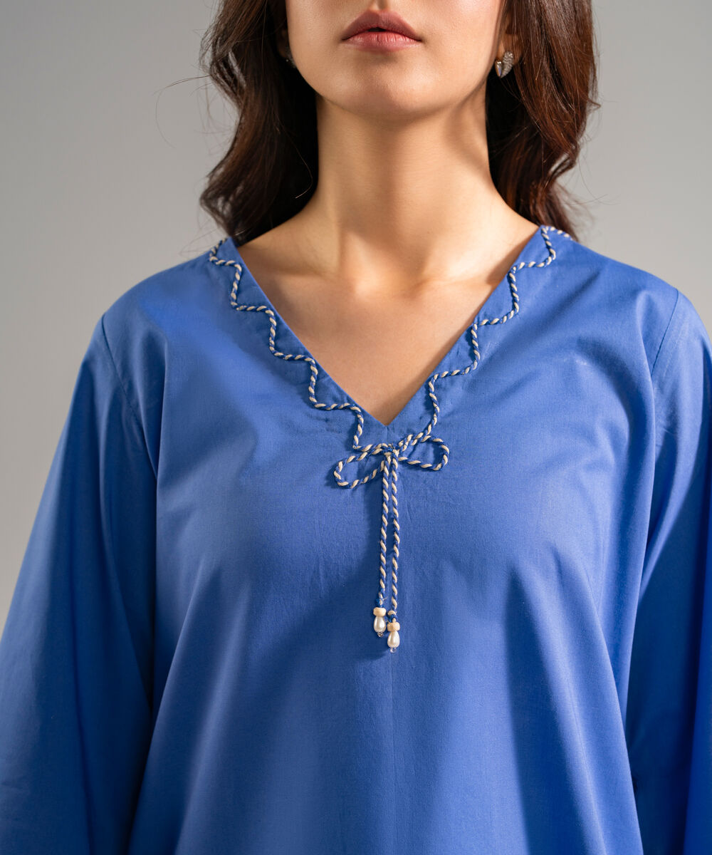 Women's RTW Cambric Solid Blue Straight Shirt
