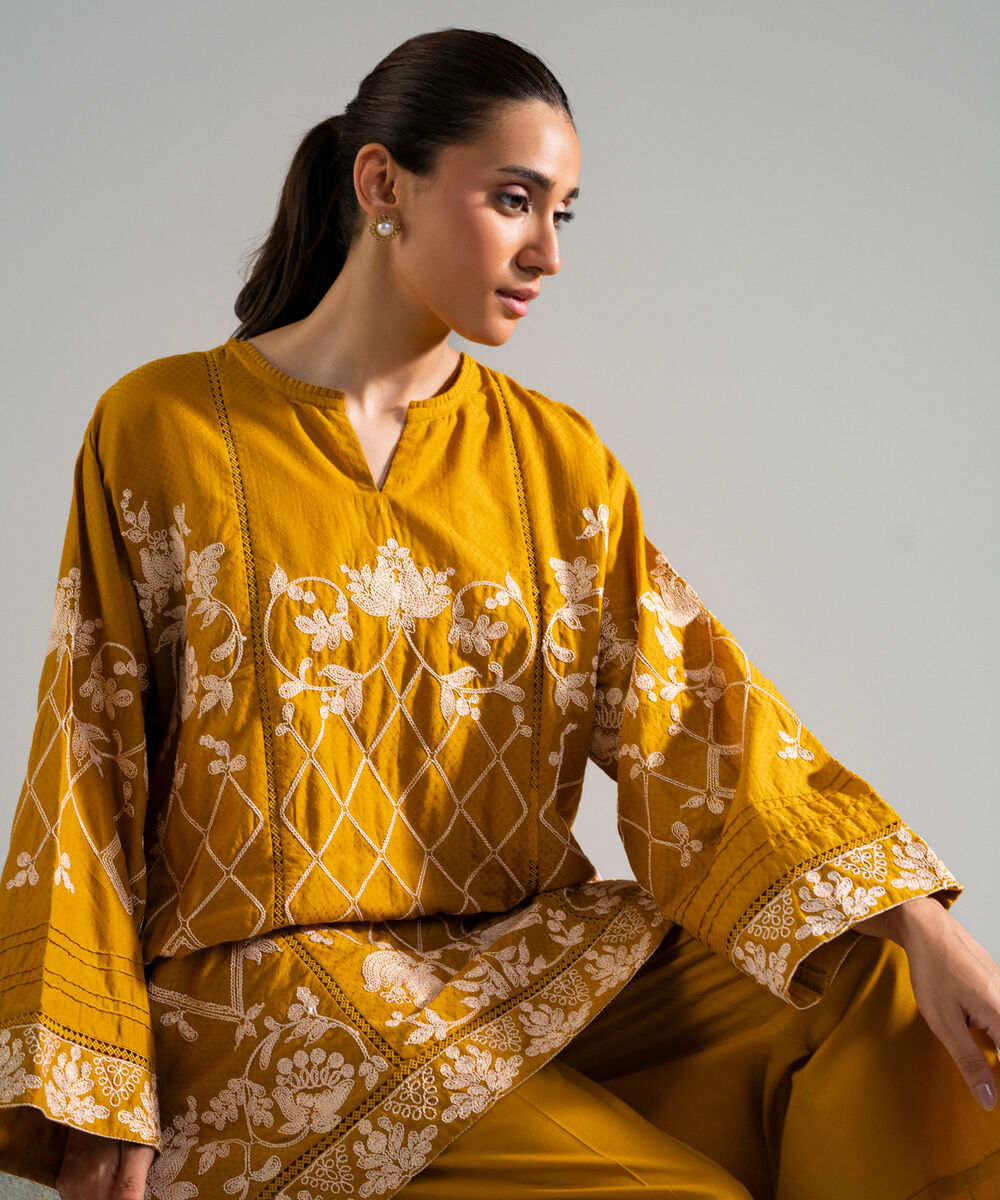 Women's RTW Dobby Embroidered Mustard Yellow 2 Piece Suit