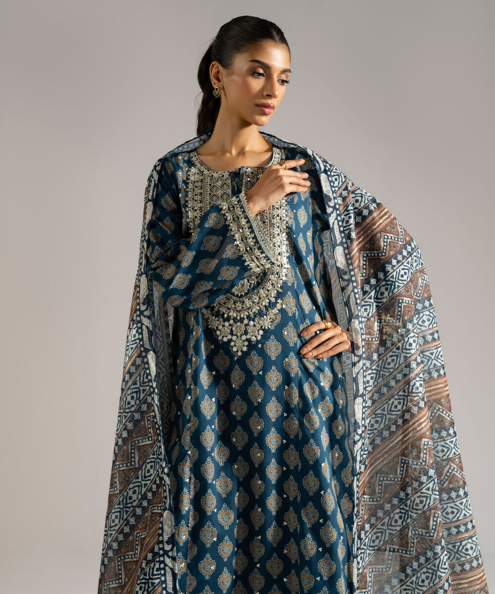 Women's RTW Lawn Embroidered Dark Blue 3 Piece Suit