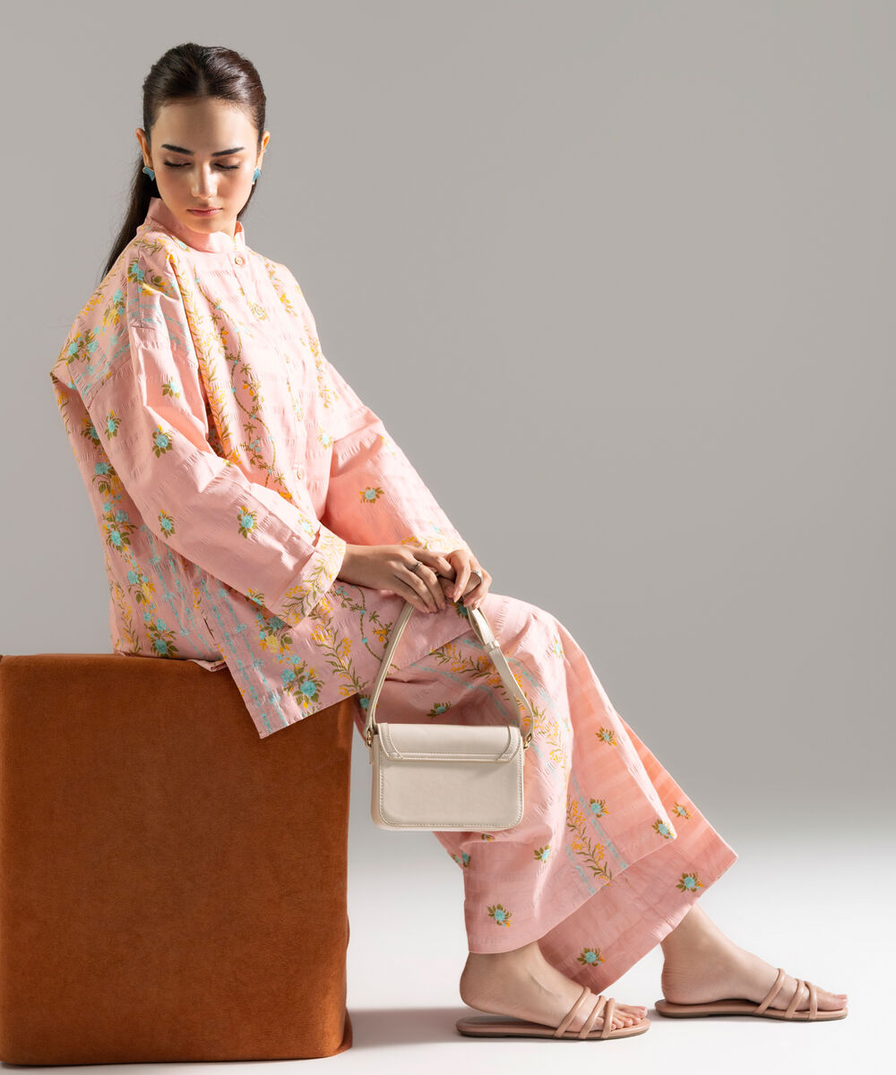 Women's RTW Seersucker Printed Pink Drop Shoulder Shirt