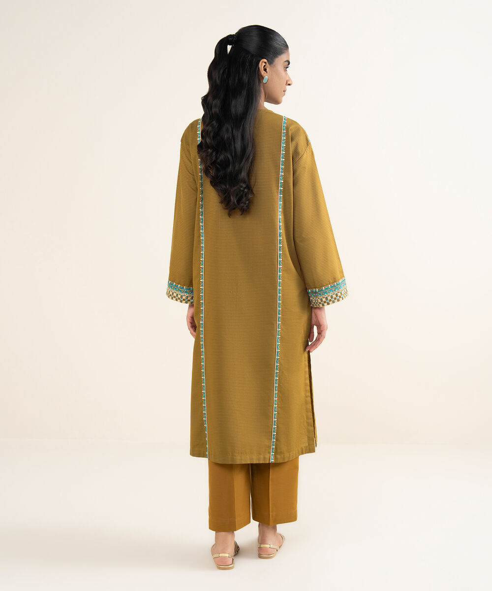 Women's RTW Fancy Textured Slub Embroidered Brown A-Line Shirt