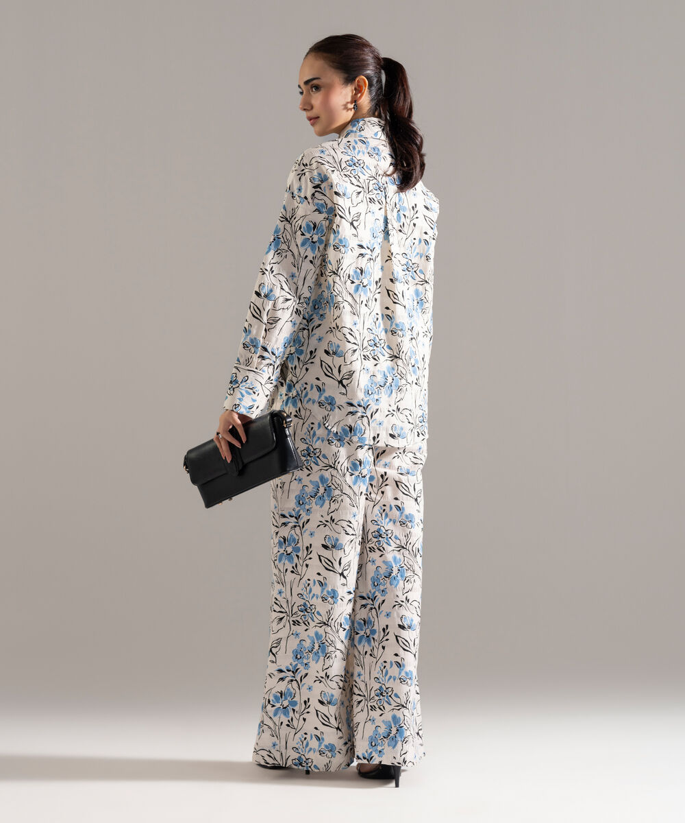Women's RTW Seersucker Printed White 2 Piece Suit