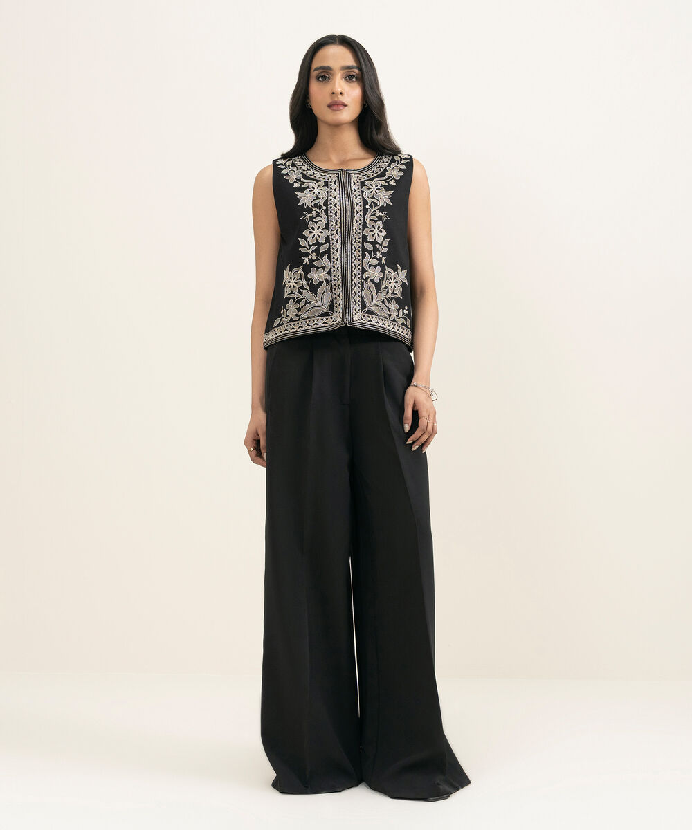 Women's RTW Dobby Embroidered Black Waistcoat