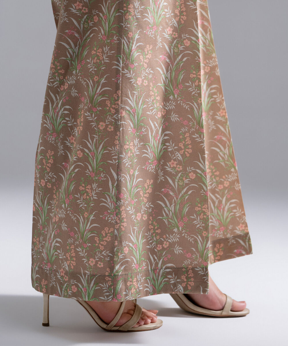 Women's RTW Cambric Printed Dark Beige Flared Pants