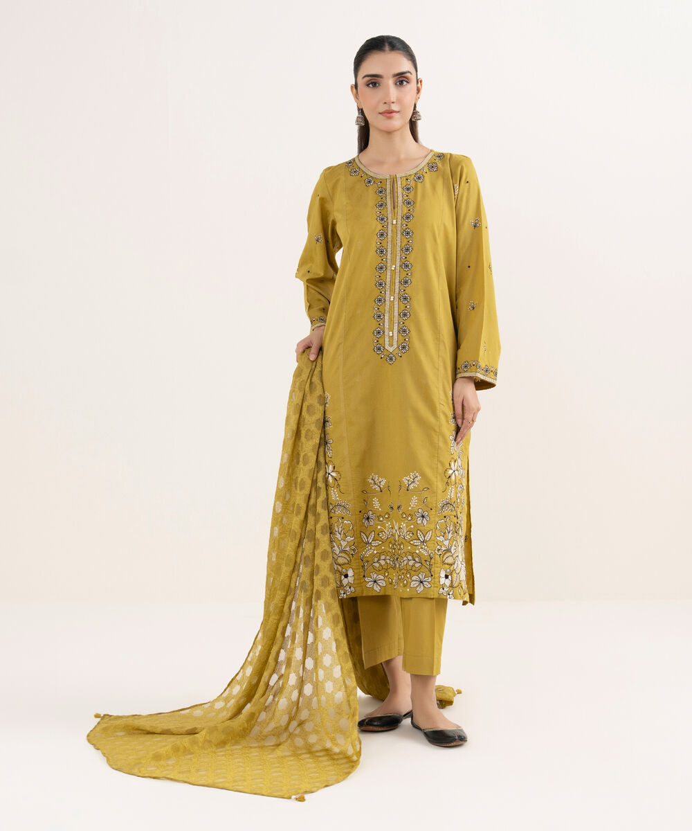 Women's RTW Self Jacquard Leno Embroidered Yellow A-Line Shirt