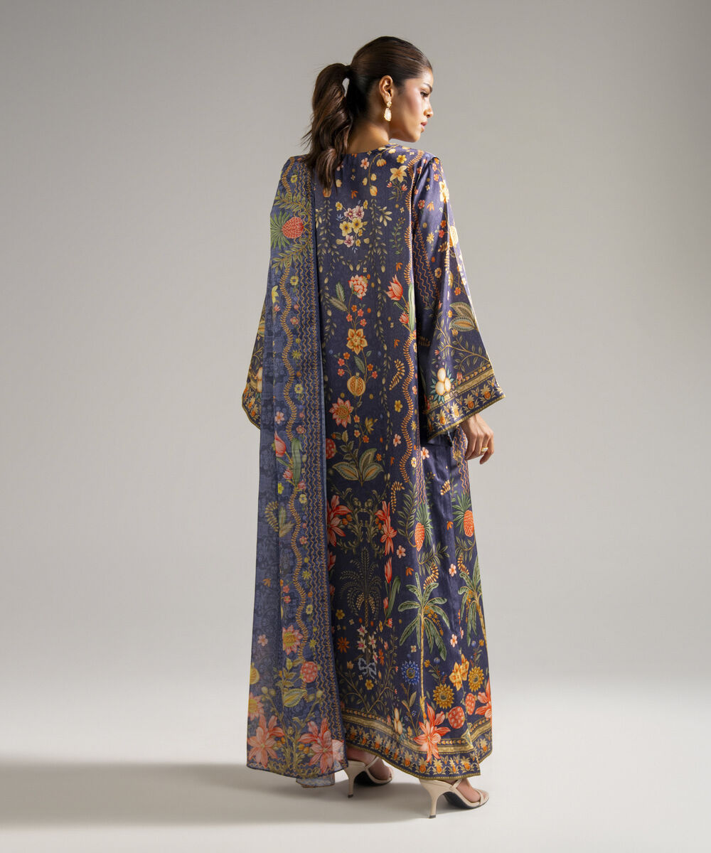 Women's RTW Blended Satin Printed Purple 3 Piece Suit