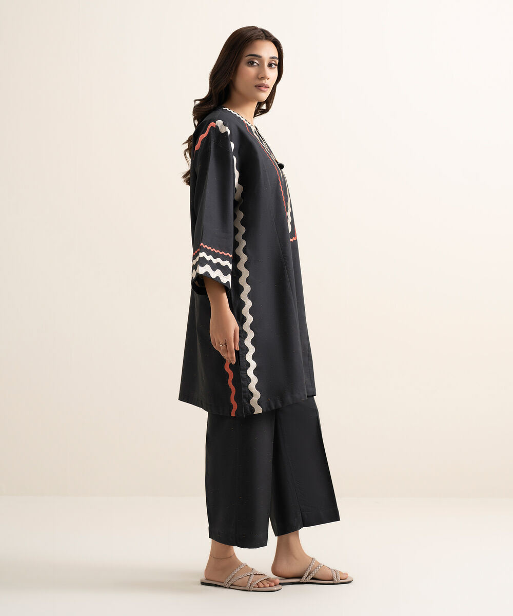 Women's RTW Multi Neps Embroidered Black Drop Shoulder Shirt