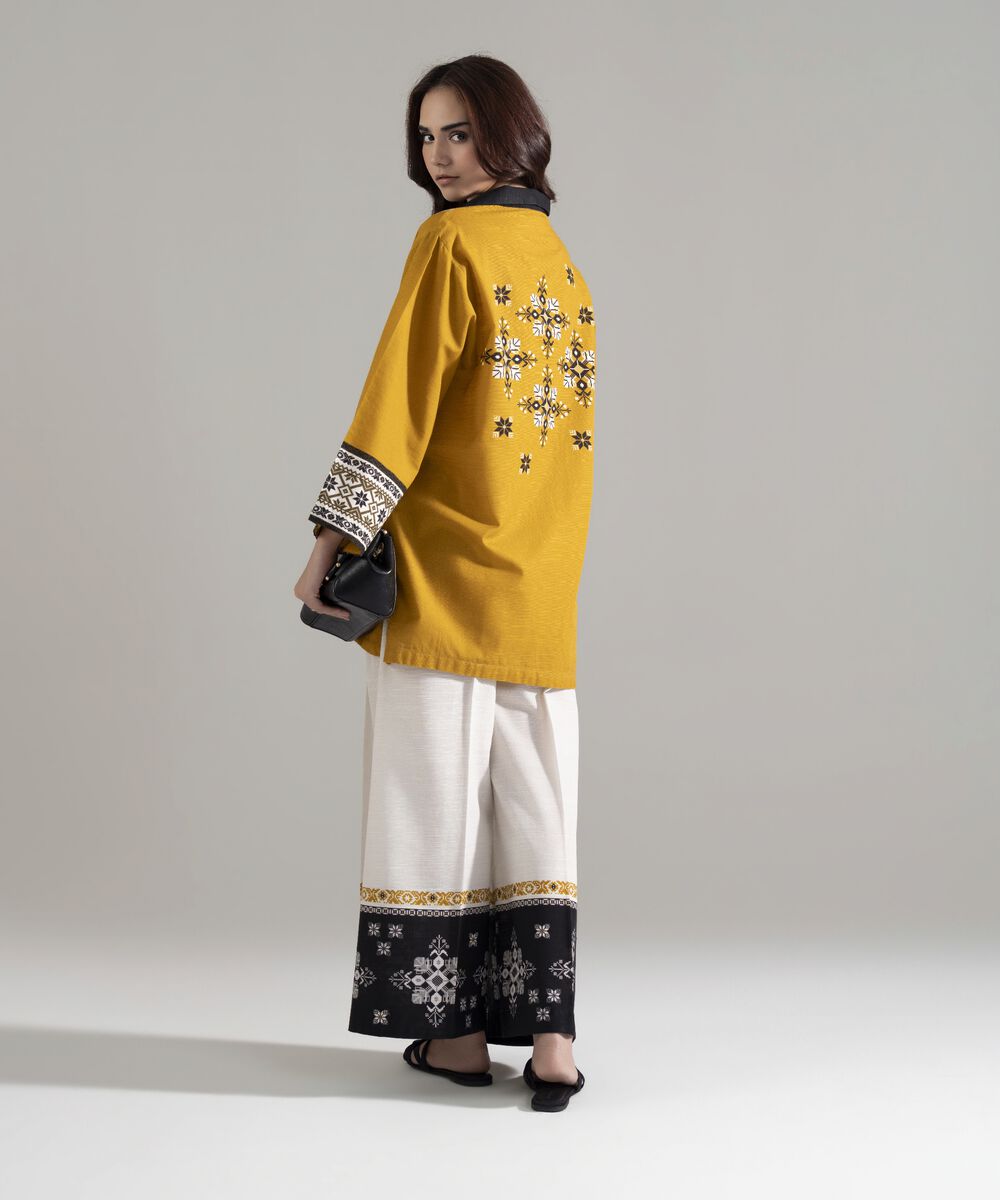 Women's RTW Khaddar Printed Mustard Brown Straight Shirt