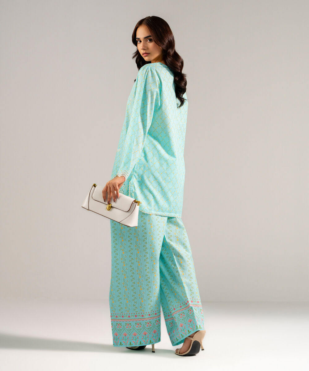 Women's RTW Lawn Embroidered Turquoise Straight Shirt
