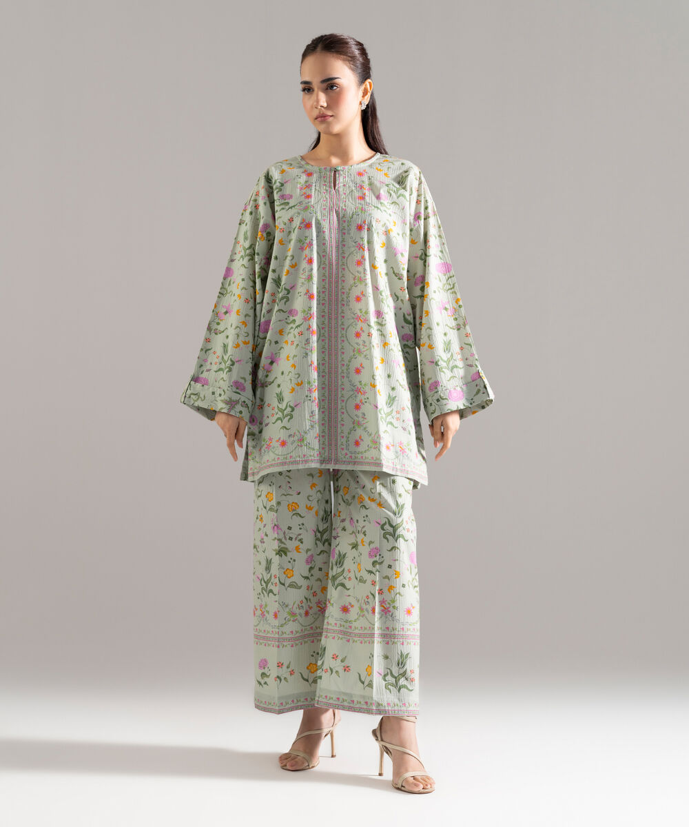 Women's RTW Seersucker Printed Green 2 Piece Suit