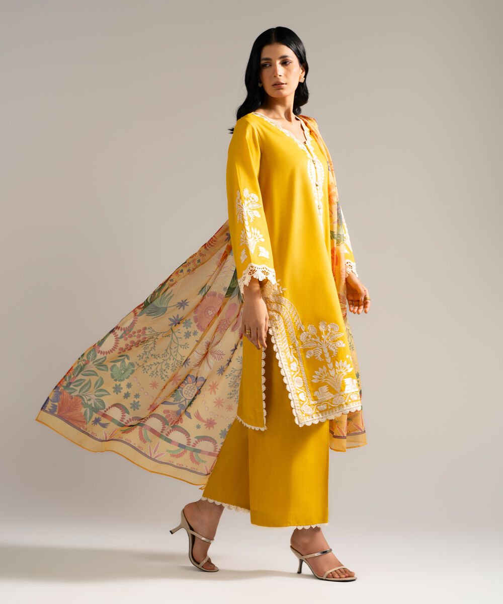 Women's RTW Dobby Crepe Embroidered Yellow 3 Piece Suit