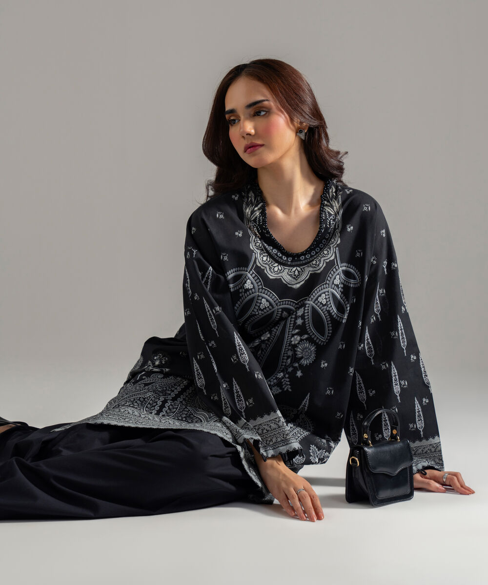Women's RTW Lawn Printed Black 2 Piece Suit