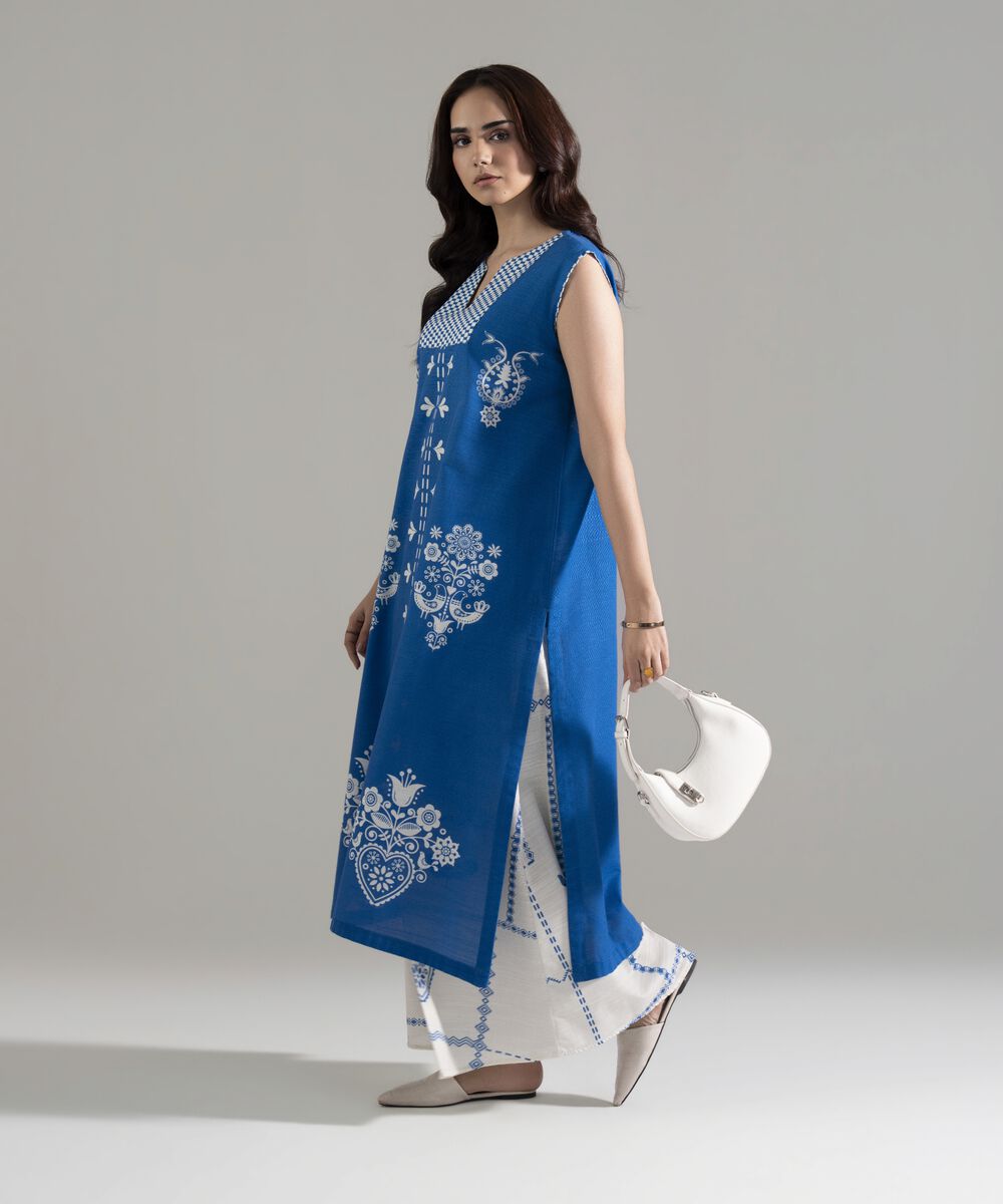Women's RTW Khaddar Printed Blue A-Line Shirt