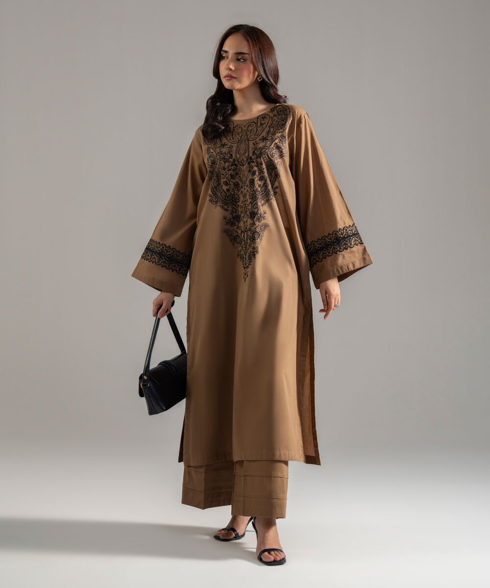 Women's RTW Lawn Solid Embroidered Dark Beige Straight Shirt