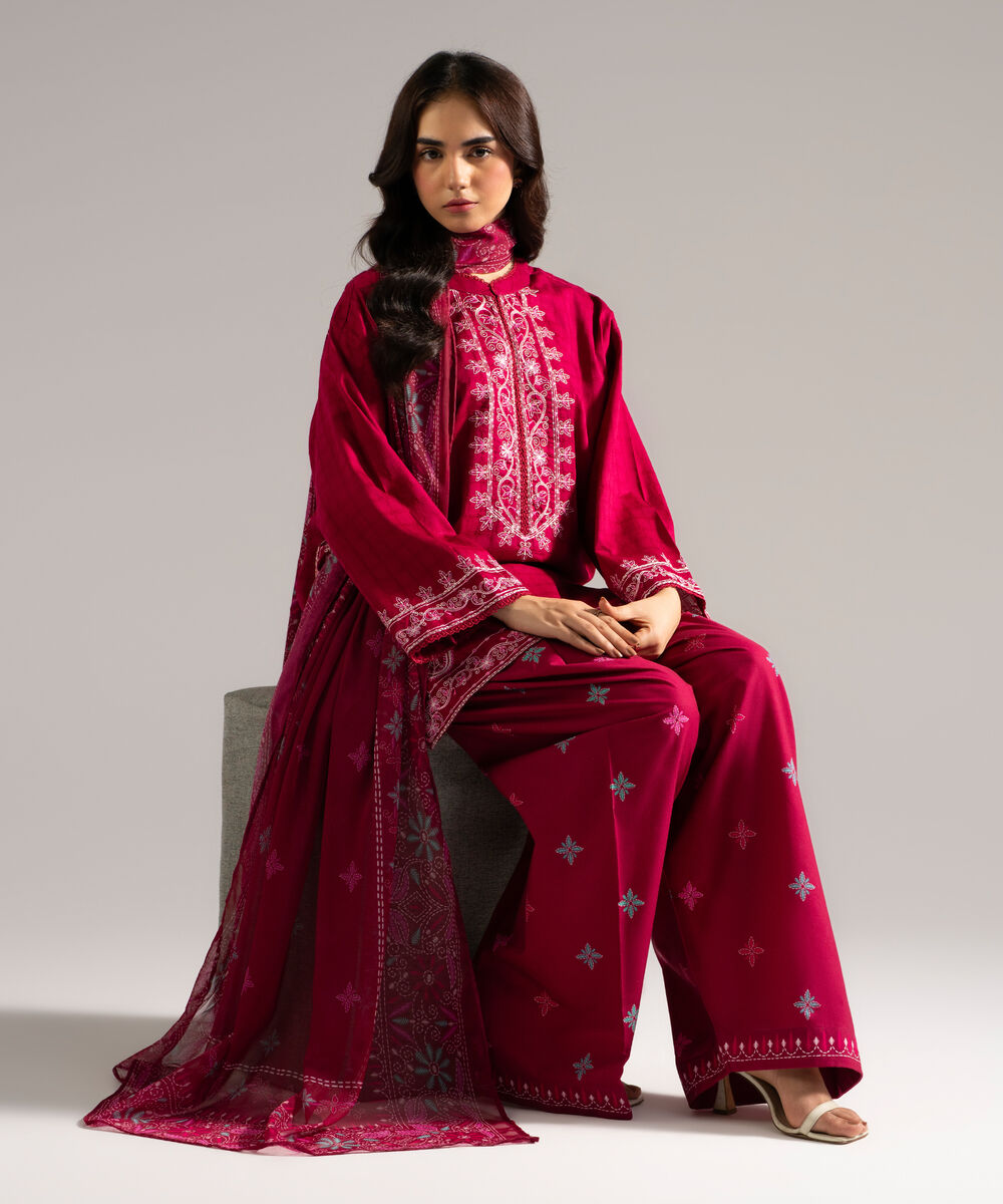 Women's RTW Dobby Embroidered Pink 3 Piece Suit