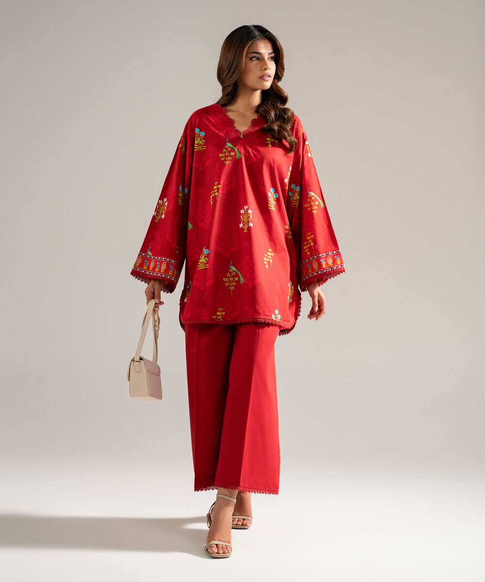 Women's RTW Slub Lawn Printed Red Drop Shoulder Shirt