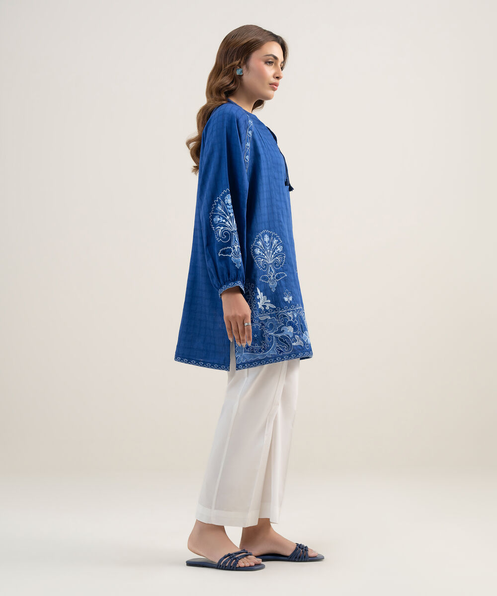 Women's RTW Dobby Embroidered Dark Blue Drop Shoulder Shirt