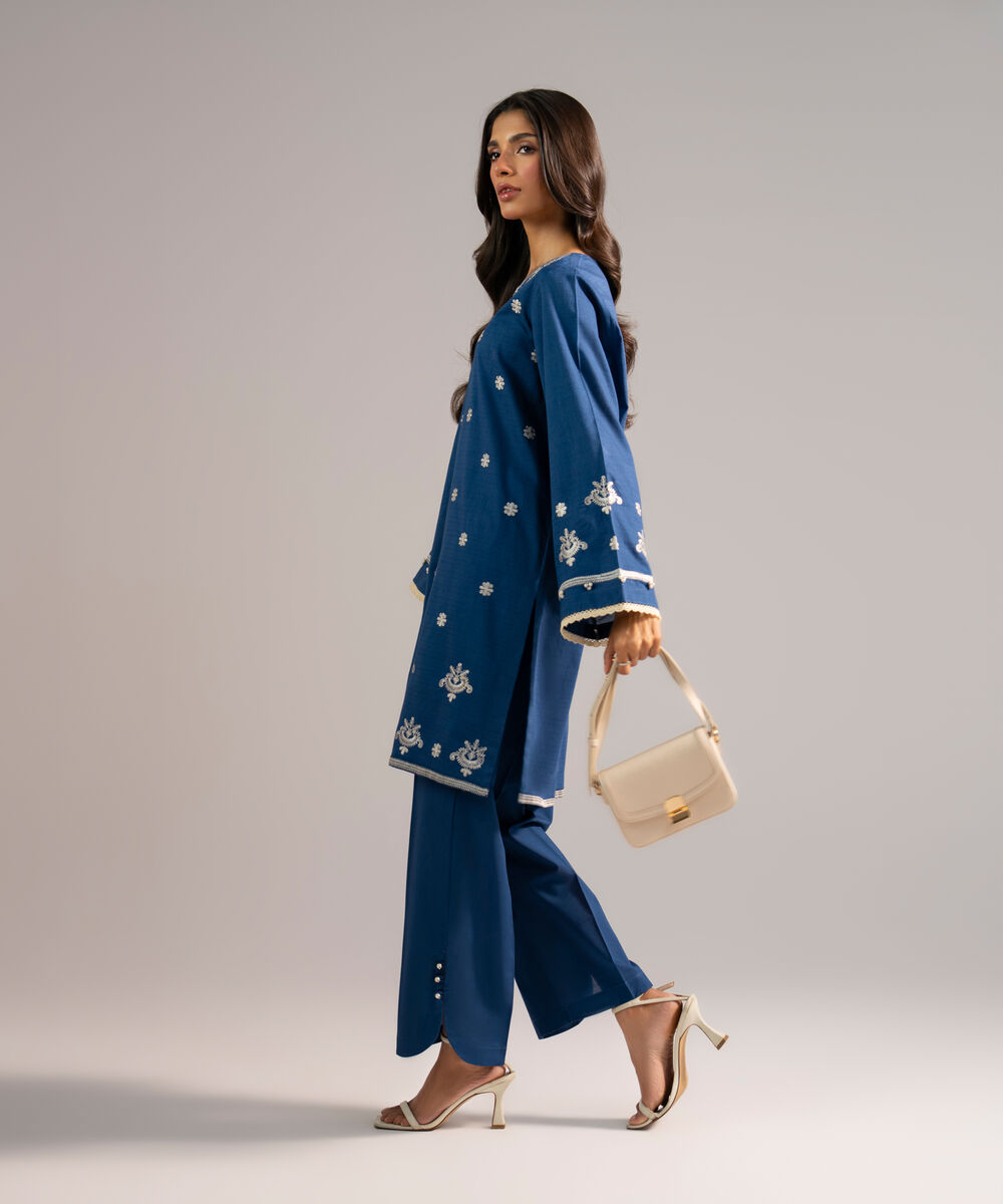 Women's RTW Dobby Embroidered Dark Blue Straight Shirt
