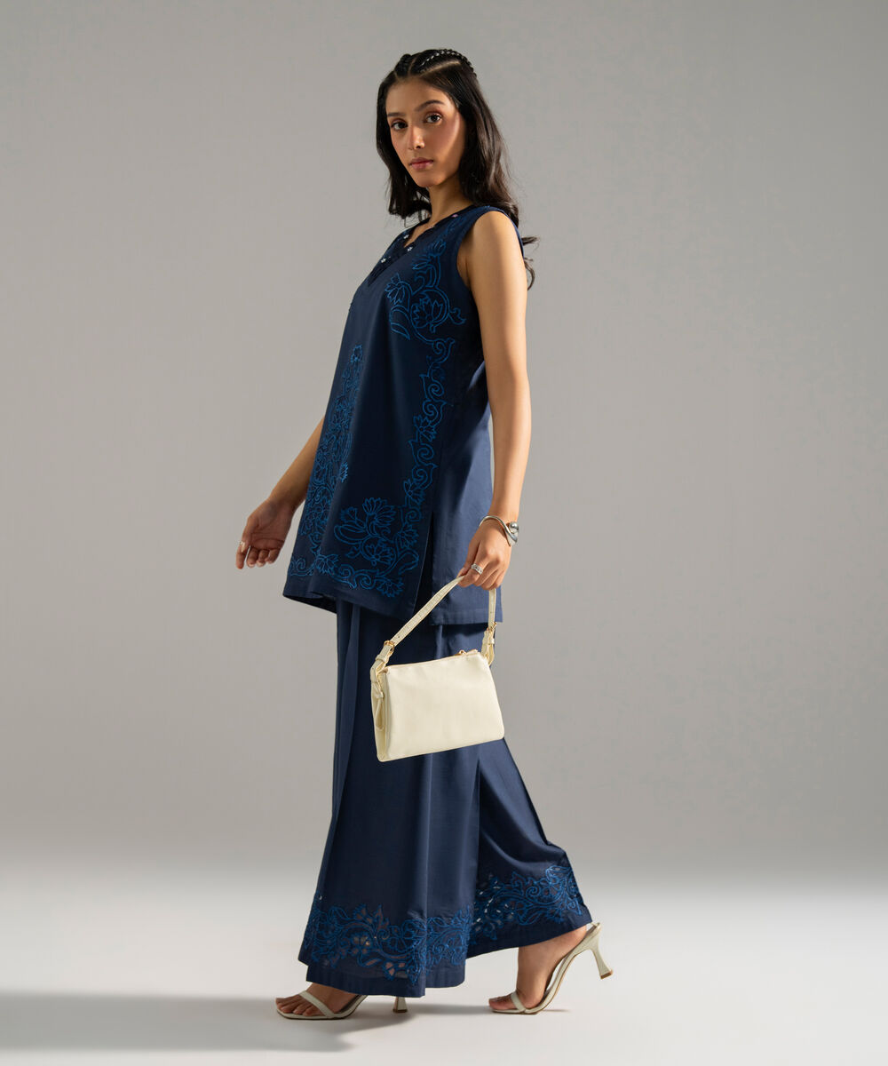 Women's RTW Cross Hatch Solid Embroidered Blue 2 Piece Suit