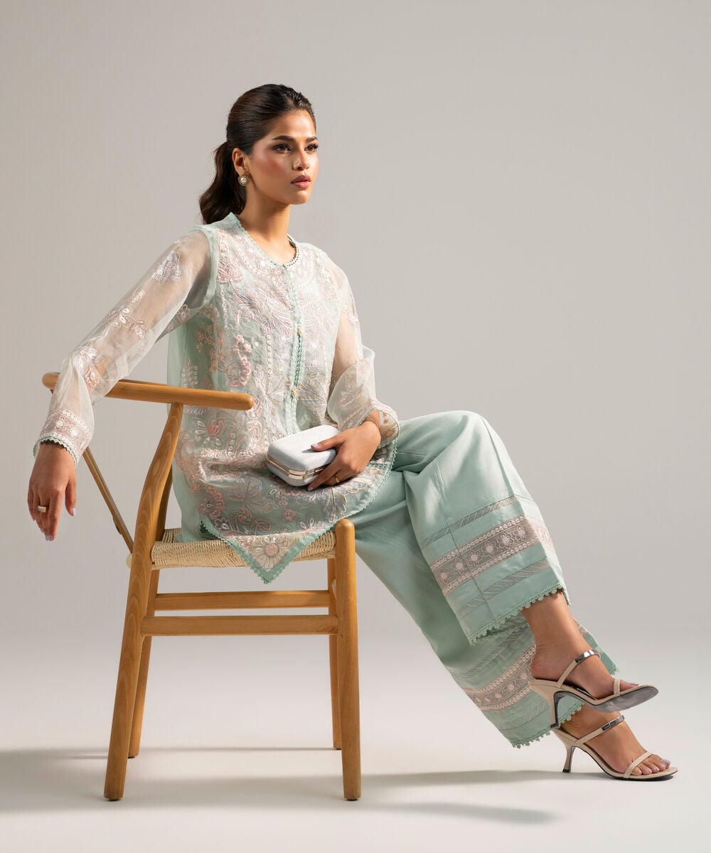 Women's RTW Organza Embroidered Green 2 Piece Suit