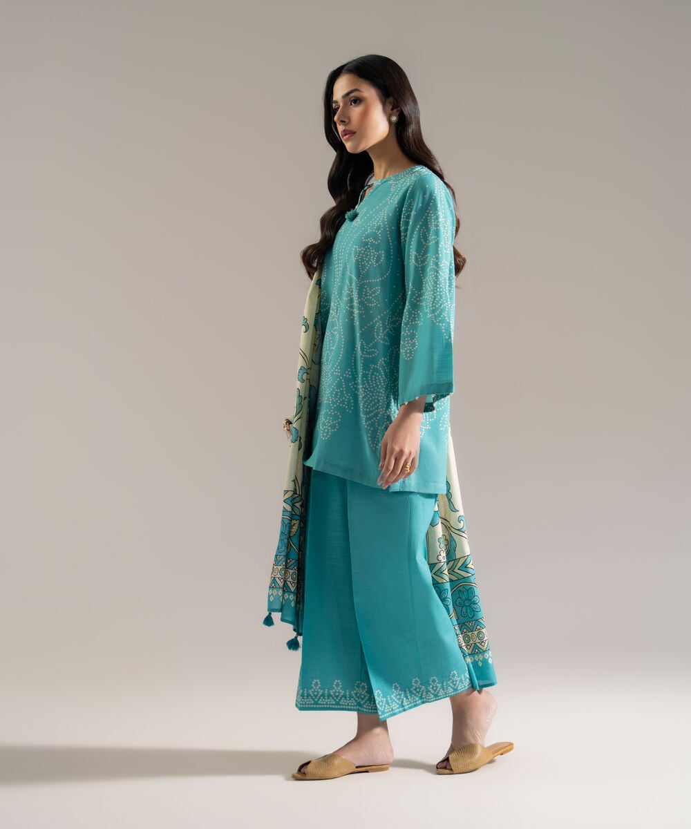 Women's RTW Khaddar Printed Blue 3 Piece Suit