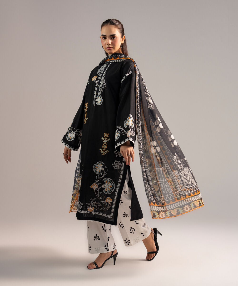 Women's RTW Dobby Embroidered Black 3 Piece Suit
