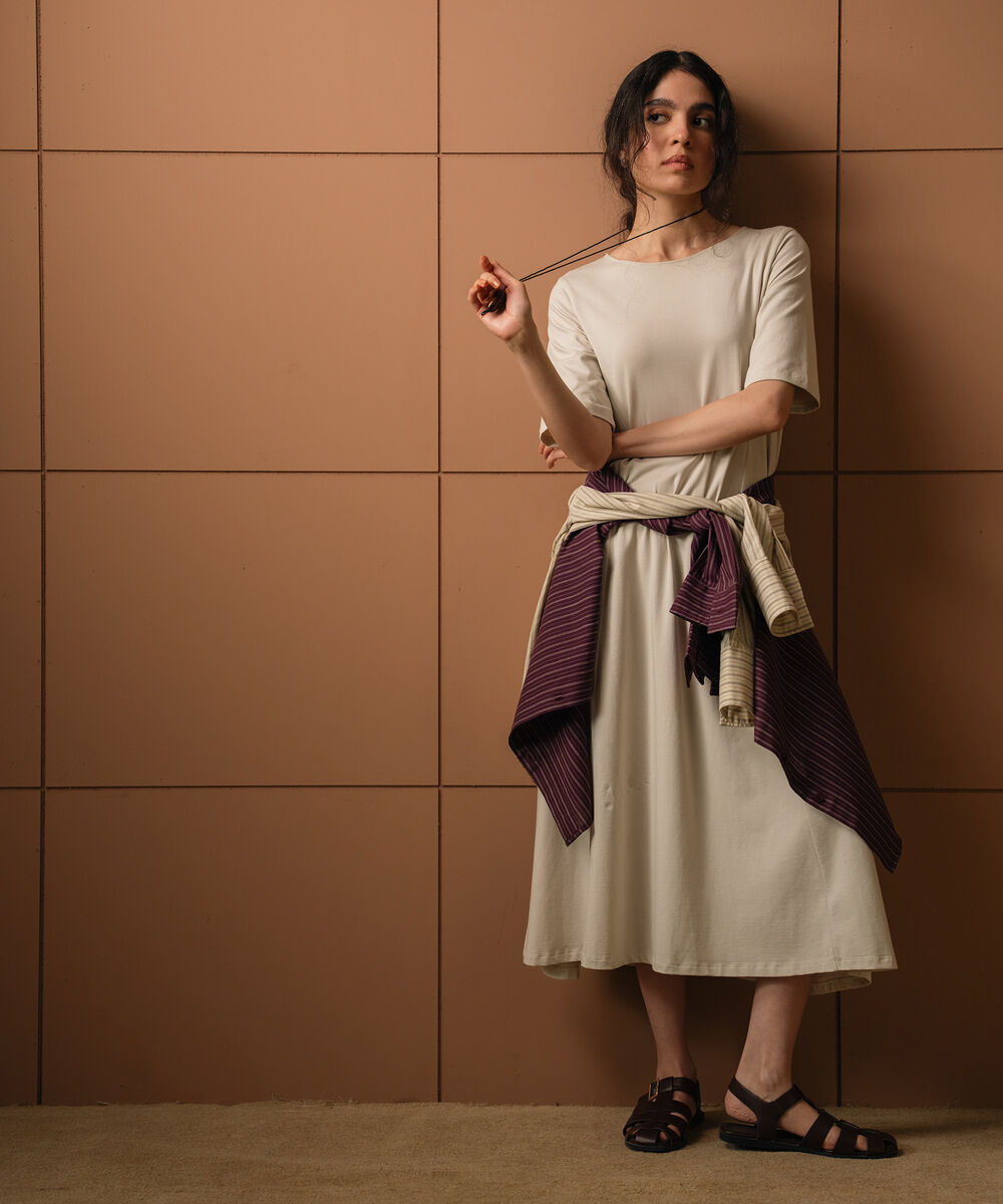 Women's Beige Flared Panelled Midi Dress