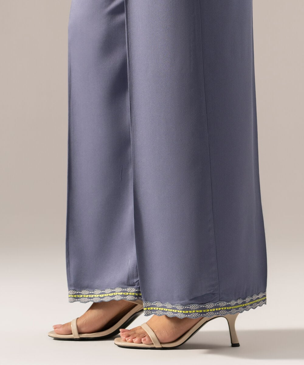 Women's RTW Solid Embroidered Blue Bedford Culottes