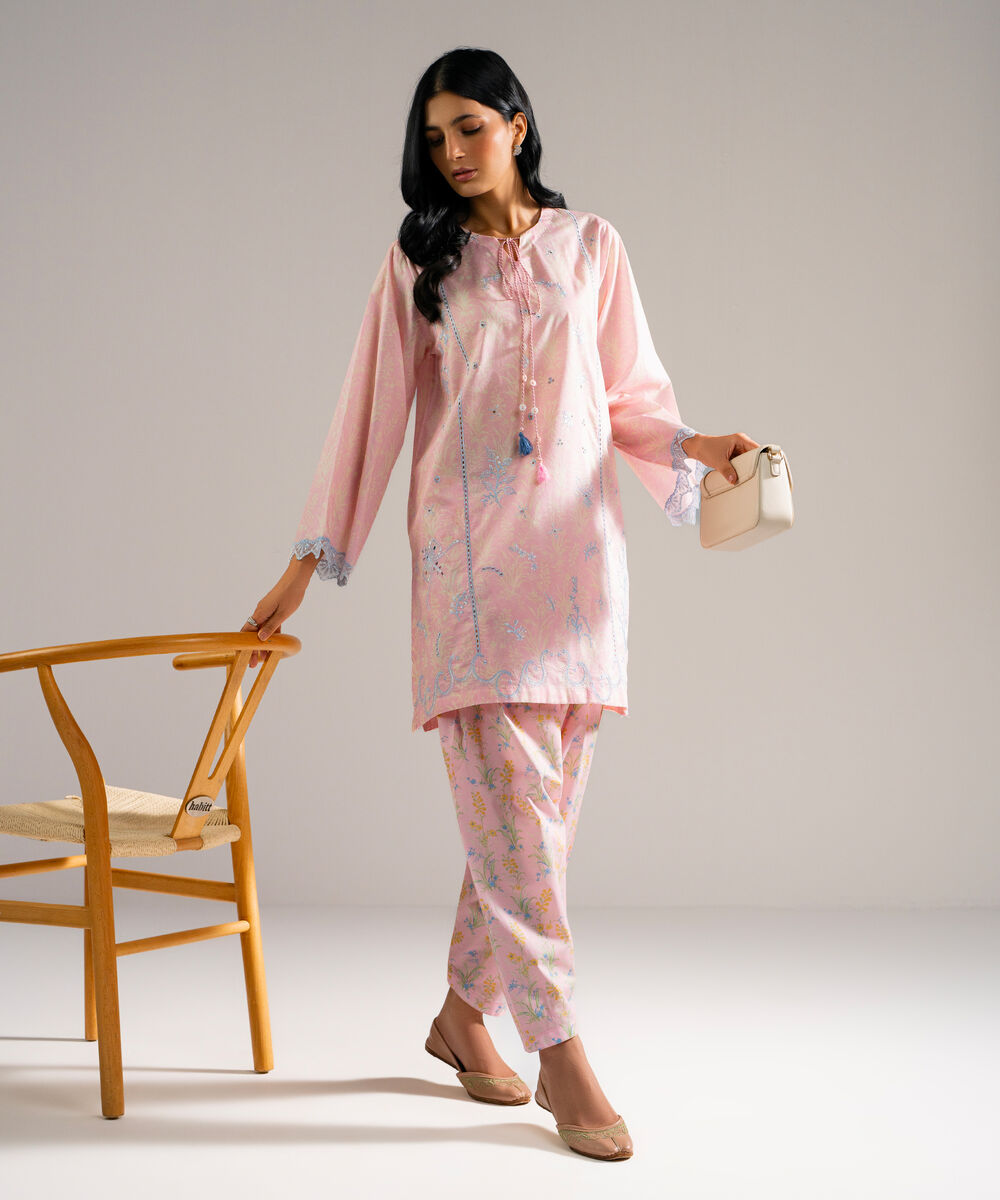 Women's RTW Lawn Embroidered Pink Straight Shirt
