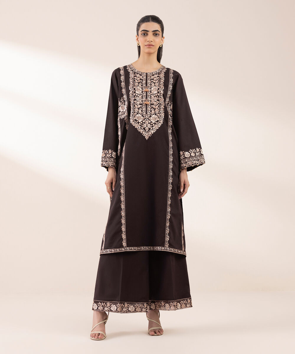 Women's RTW Dobby Brown Embroidered A-Line Shirt